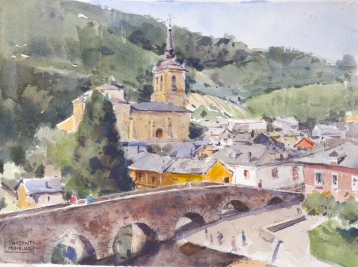 Painting titled "Molinaseca - Camino…" by Vincent Monluc, Original Artwork, Watercolor