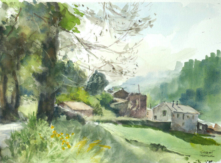 Painting titled "Camino Frances vers…" by Vincent Monluc, Original Artwork, Watercolor
