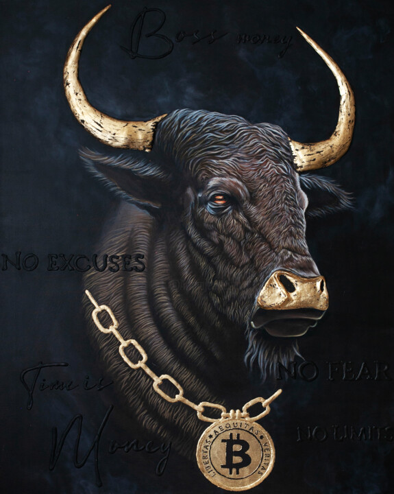 bull with Bitcoin 绘画, 43.3x33.5 in