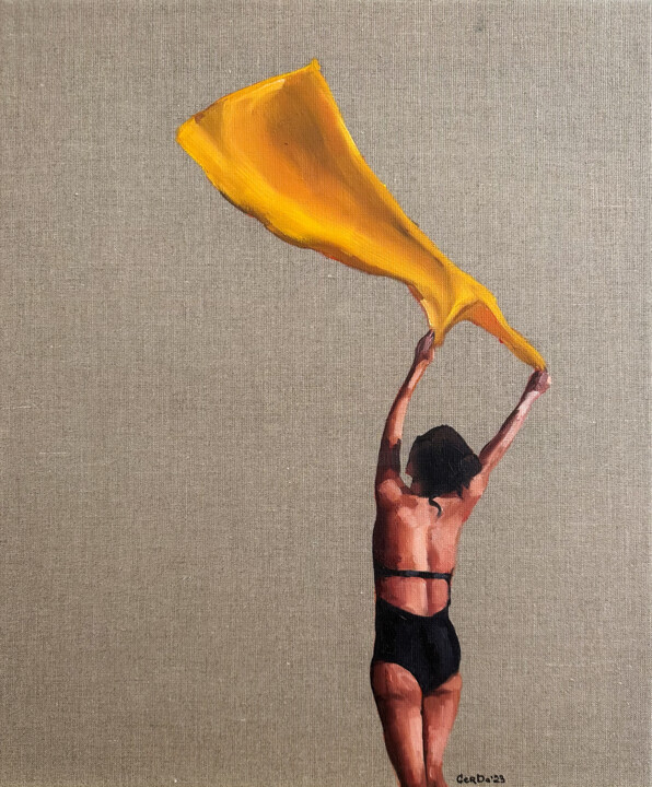 The Girl with the Yellow Towel - Woman Figure Beach 绘画, 23.6x19.7 in