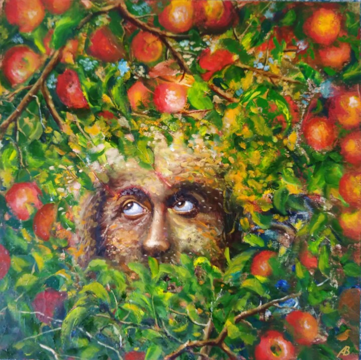 Picking the Apples / Собирающий яблоки 绘画, 15.8x15.8 in