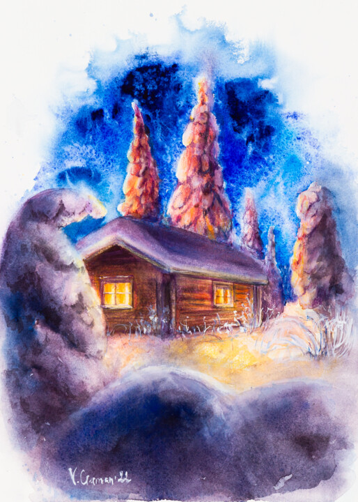 「Winter landscape wi…」というタイトルの絵画 Виктория Гаманによって, オリジナルのアートワーク, 水彩画