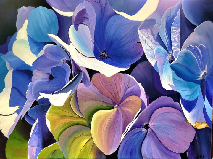 Painting titled "Light on blue hydra…" by Sylvia Eder, Original Artwork, Acrylic Mounted on Wood Stretcher frame