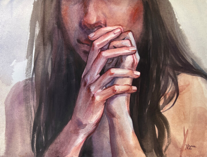 Doubts. Portrait of a woman. Portrait with hands. 绘画, 12.2x16 in