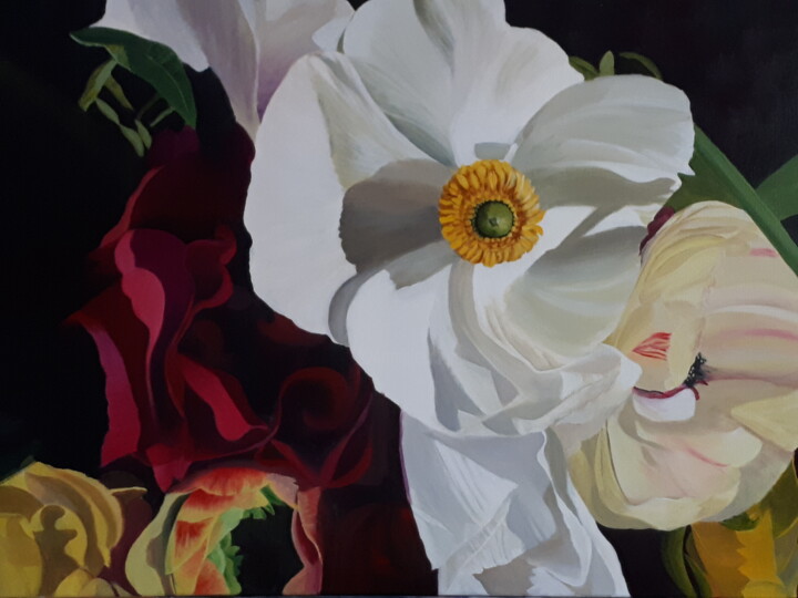 Painting titled "Ranunkeln und Rosen" by Sylvia Eder, Original Artwork, Acrylic