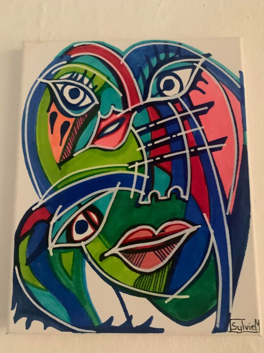 Petit tableau contemporain, visage cubiste, moderne, 绘画, 11.8x9.5 in