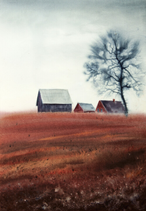 Autumn's Melancholy - farm house - autumn field 绘画, 21.3x14.6 in
