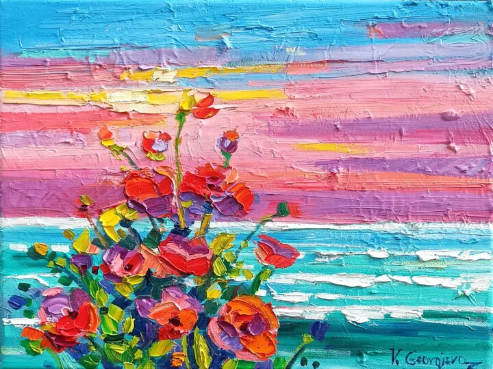 Poppies and the Sea 绘画, 11.8x15.8 in