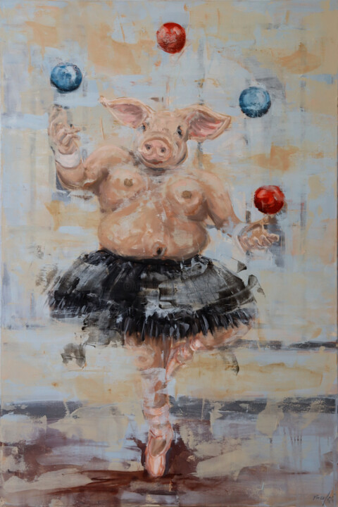 Painting titled "ħanżir u primadonna" by Rupert Cefai, Original Artwork, Oil
