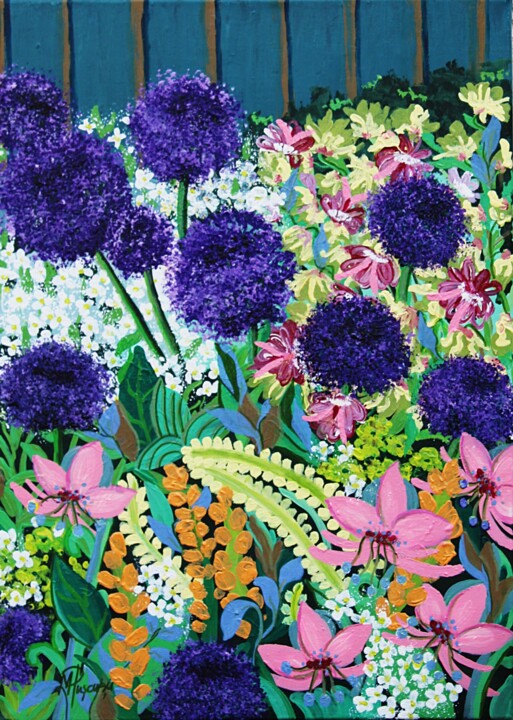 Painting titled "GARDEN WITH ALLIUM…" by Marinela Puscasu, Original Artwork, Acrylic