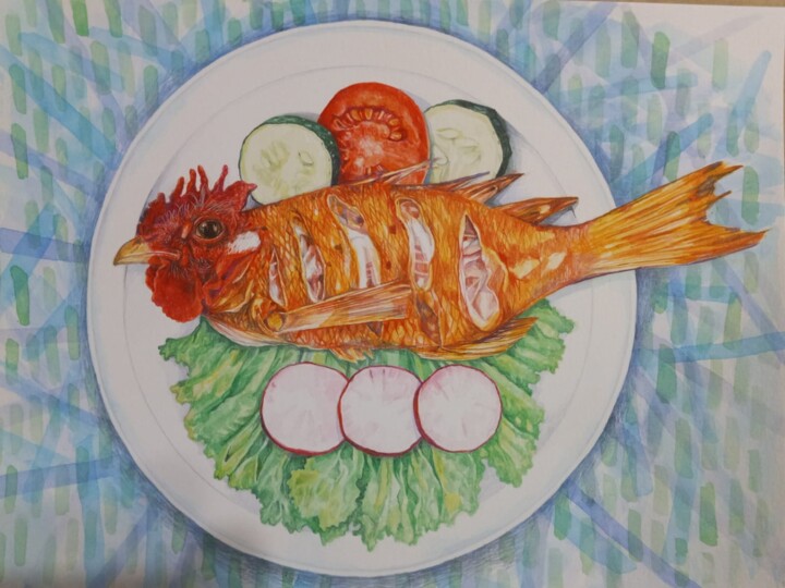 chicken for fish 绘画, 9x12 in