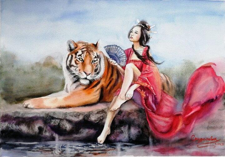 Geisha with a tiger Schilderij, 11,7x16,5 in