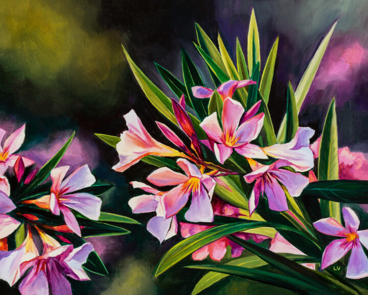 Pink oleander flowers with sunlight 绘画, 9.5x11.8 in