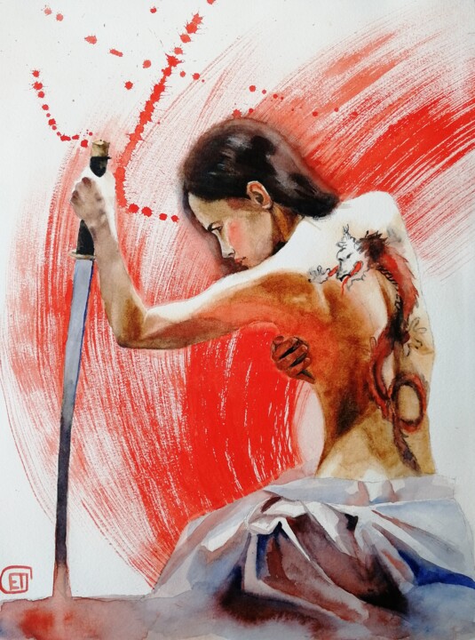 "Naked woman with a katana" original painting, watercolor 绘画, 15x11.1 in