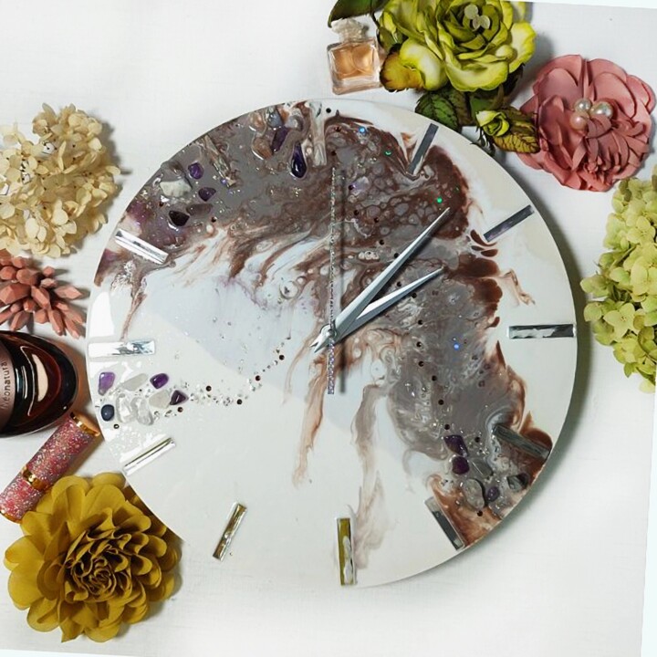 Epoxy resin wall clock brown and white. Geode Resin art. 雕塑, 11.8x11.8 in