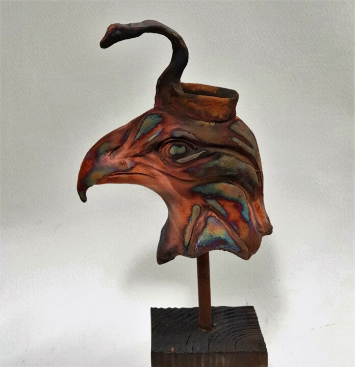 Horus sculpture in ceramic Raku copper matte 雕塑, 8.7x3.2 in