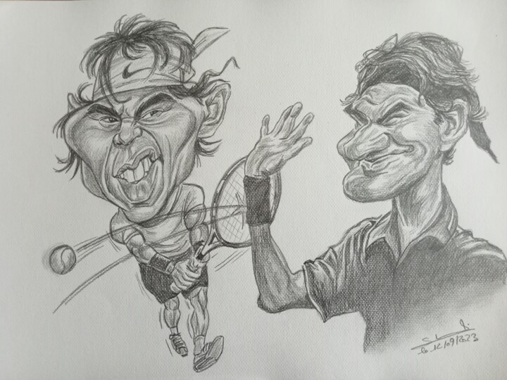 Représentation de caricatures des joueurs de tennis réalisé 图画, 11.7x16.5 in