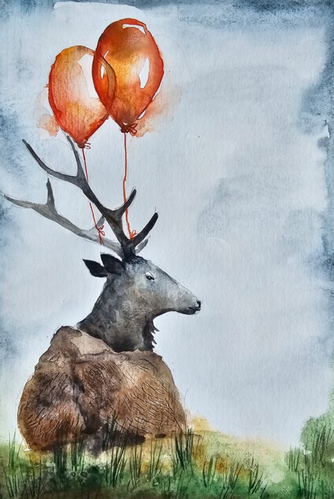 Il CERVO con i palloncini rossi 绘画, 11.7x8.3 in