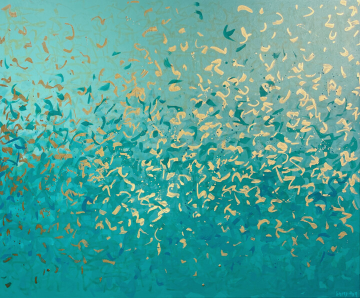 Turquoise Bay - 122 x 101 cm - metallic gold paint and acryl 绘画, 39.8x48 in