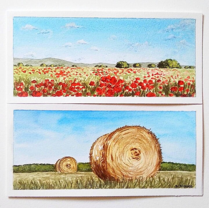 Cartes d'art de paysages de campagne, coquelicots et foins Painting, 8.3x8.3 in