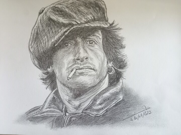 Portrait de Sylvester Stallone jeune réalisé aux crayons 图画, 11.7x16.5 in