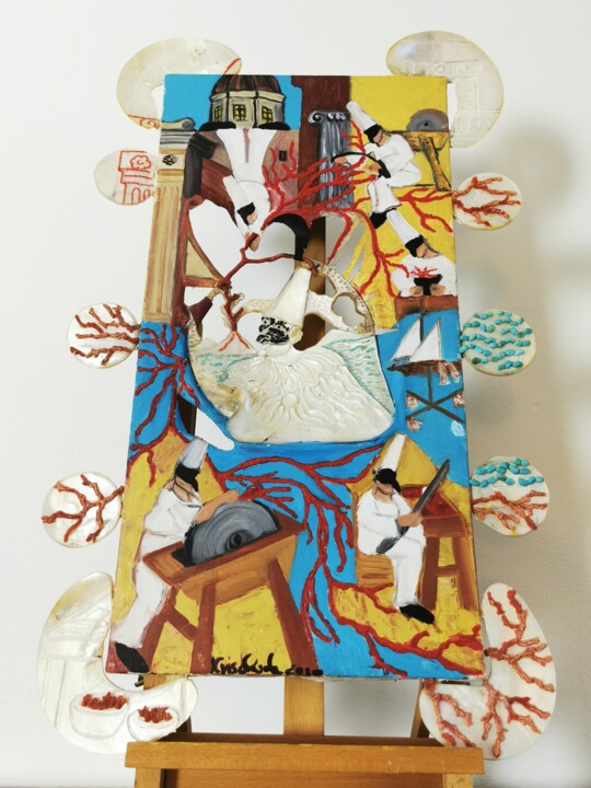 Schilderij getiteld "Pulcinella corallaro" door Krisalide, Origineel Kunstwerk, Gravure Gemonteerd op Frame voor houten bran…