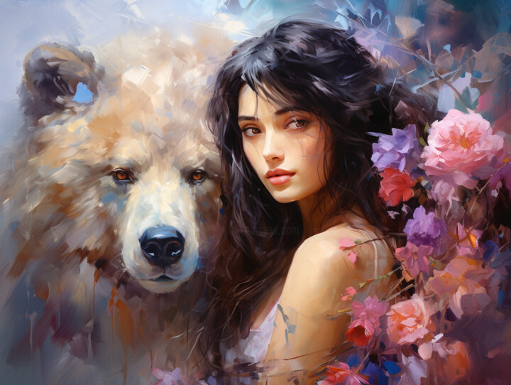 A sophisticated union between a girl and a bear 数字艺术