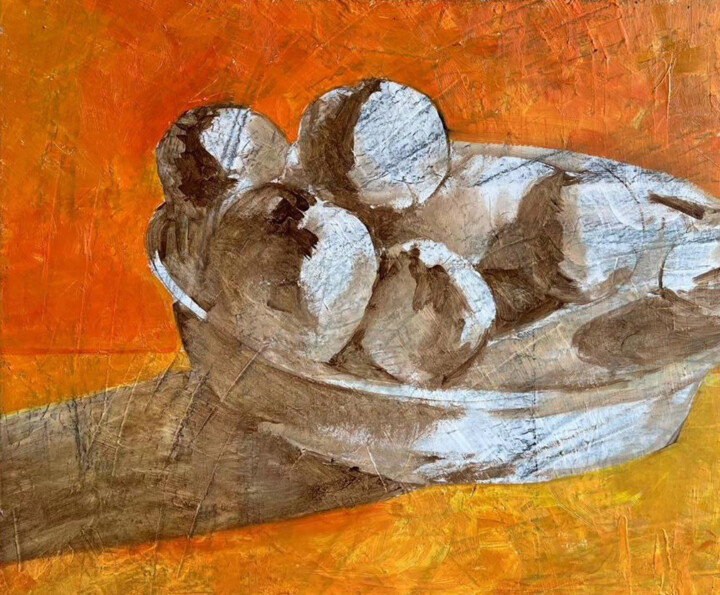 Painting titled "Apples" by Andrii Davydenko, Original Artwork, Oil Mounted on Wood Stretcher frame