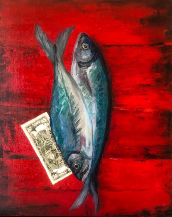 Two Dollars & Two Fishes Painting, 19.7x15.8 in