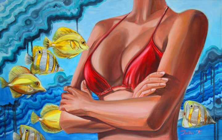 Red swimsuit. Beautiful girl and the sea with yellow fish 绘画, 19.7x27.6 in