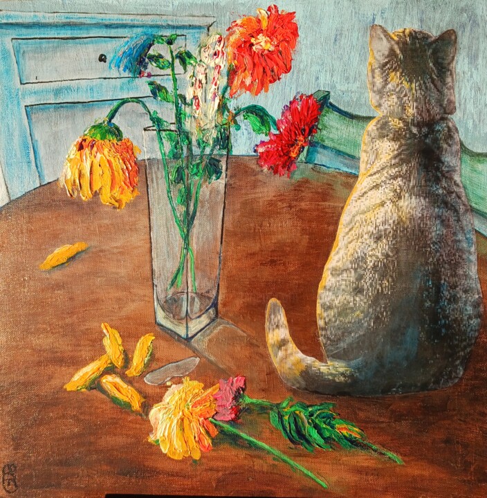 Nature morte et chat 绘画, 15.8x15.8 in