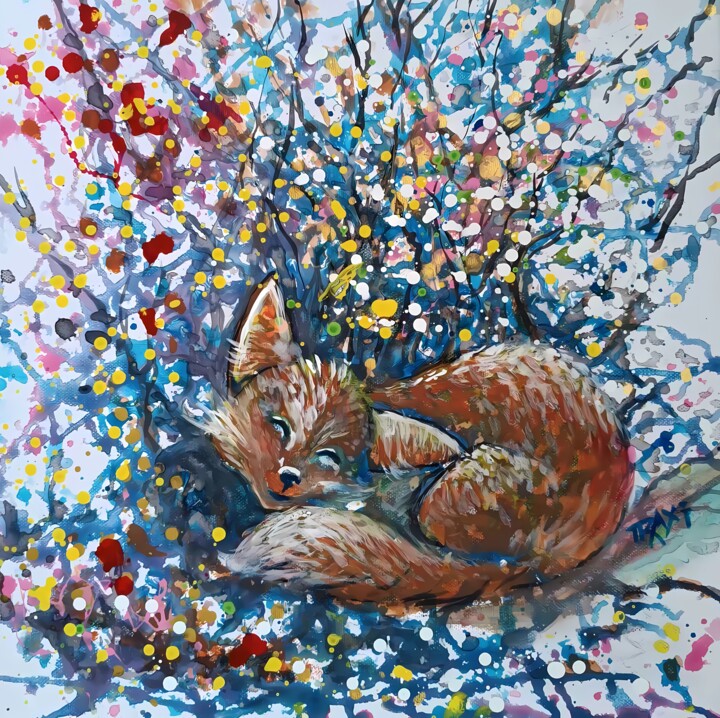 Abstract Landscape with Sleeping Fox - Whimsical Fall Art 绘画, 15.8x15.8 in