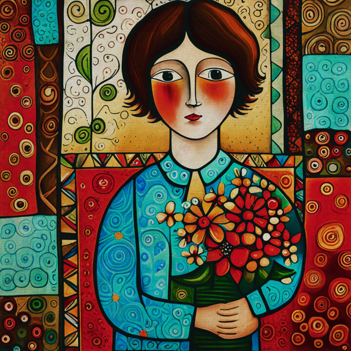 The boy with the flowers 绘画, 15.8x15.8 in