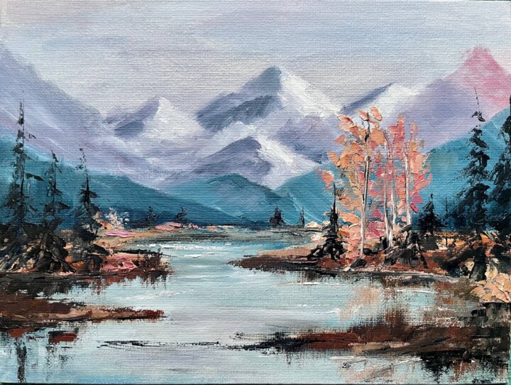 Mountain landscape with autumn forest on the shore of a lake 绘画, 7.1x9.5 in