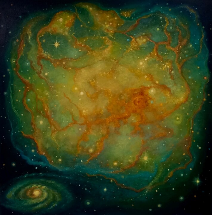제목이 "Nebula Emerald"인 미술작품 Lee Campbell로, 원작, 기름 나무 들것 프레임에 장착됨
