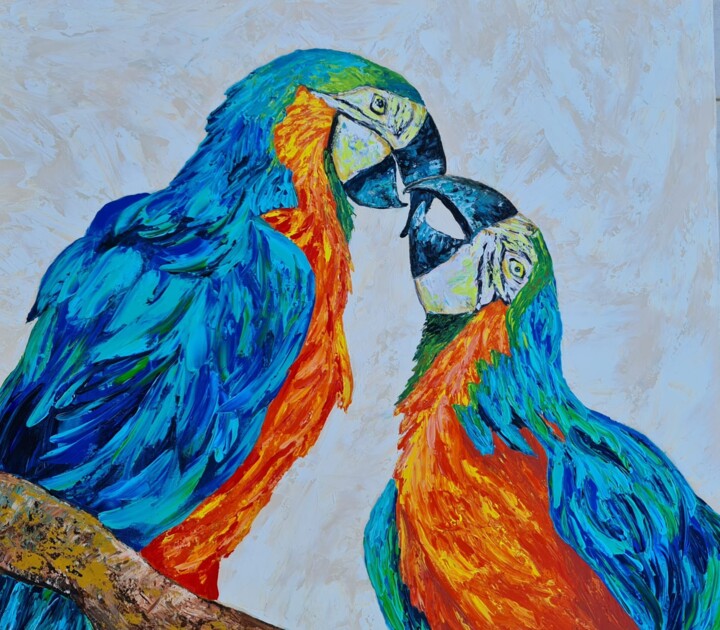 " The love is in the air " Parrots couple acrylic painting 绘画, 31.5x35.4 in
