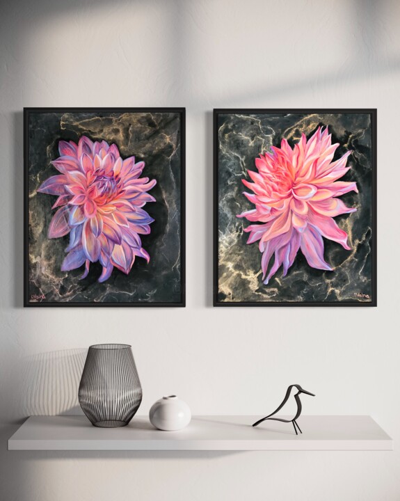 Malarstwo zatytułowany „Shining Dahlias” autorstwa Olga Volna, Oryginalna praca, Olej Zamontowany na Drewniana rama noszy