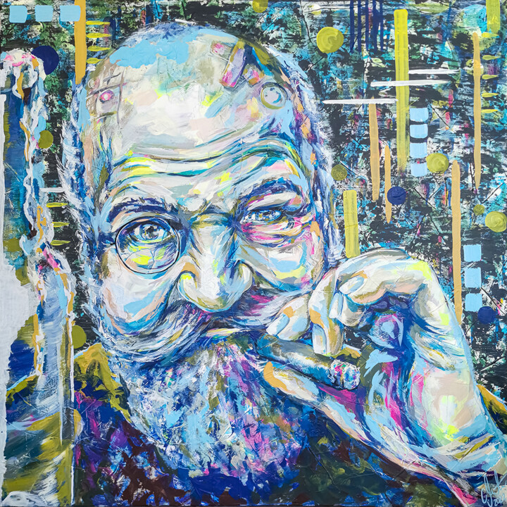 Bar Life von carographic Gemälde rauchen alter Mann popart 绘画, 39.4x39.4 in