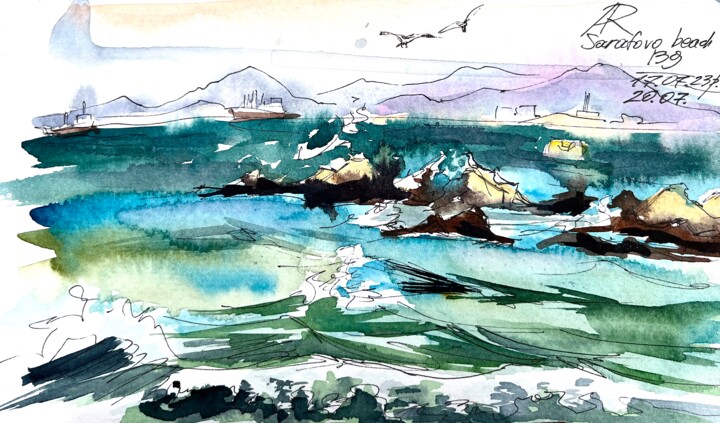Painting titled "Gull’s Rocks, Saraf…" by Ira Popovych, Original Artwork, Watercolor