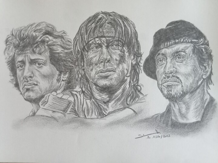 Représentation de l'acteur Sylvester Stallone réalisé aux cr 图画, 11.7x16.5 in