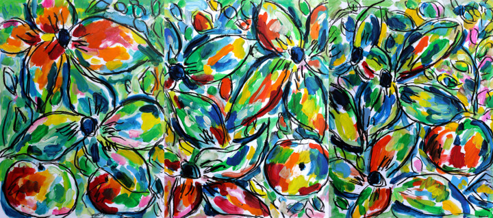 Grand Triptyque Floral 绘画, 11.8x24.8 in
