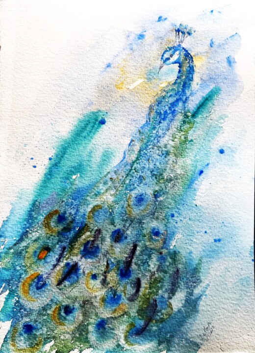 Paon bleu 绘画, 15x10.8 in