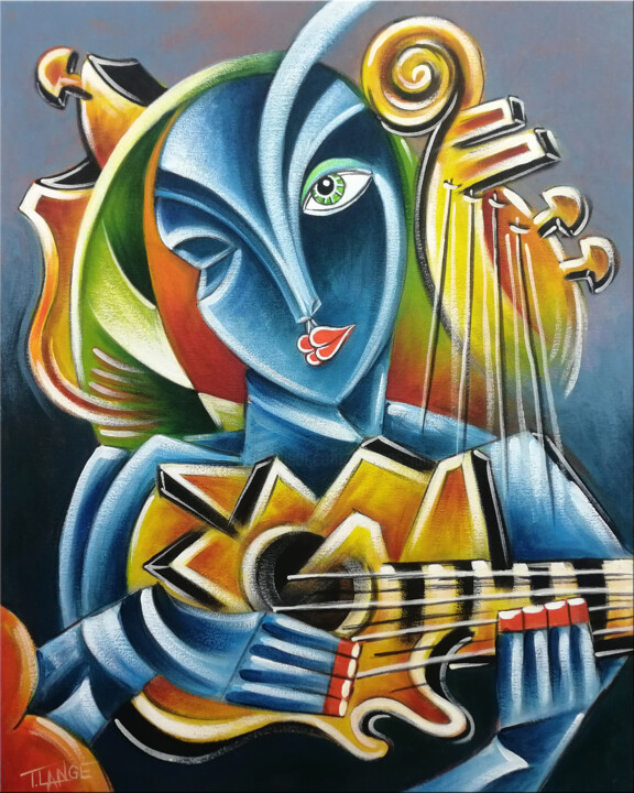 Guitarist Woman #M199 绘画, 19.7x15.8 in