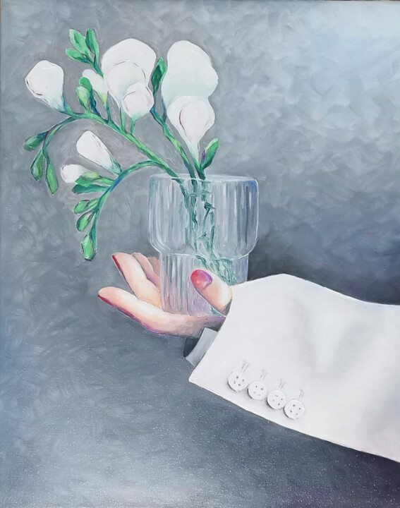 Painting titled "Hand with flower" by Natalia Tremasova, Original Artwork, Oil