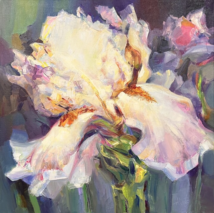 Painting titled "Ирис" by Irina Gints, Original Artwork, Oil Mounted on Wood Stretcher frame