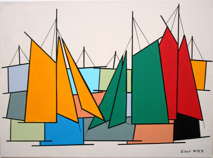 Painting titled "Voiles jaune et ver…" by Nyls Eliot, Original Artwork, Acrylic Mounted on Wood Stretcher frame