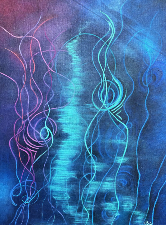 Schilderij getiteld "Feu follet" door Valerie Besancon, Origineel Kunstwerk, Olie Gemonteerd op Frame voor houten brancard