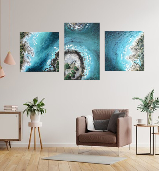 Schilderij getiteld "Island - Triptych" door Narine Vardanyan (Narin), Origineel Kunstwerk, Acryl Gemonteerd op Frame voor h…