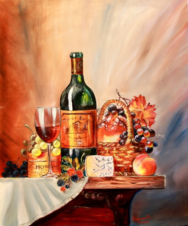 Still life with a bottle of wine, crystal glass and basket 绘画, 23.6x19.7 in