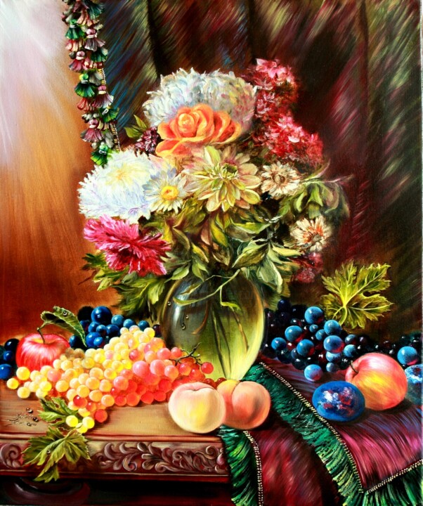 Still life of a bouquet of flowers in a vase, grapes 绘画, 23.6x19.7 in